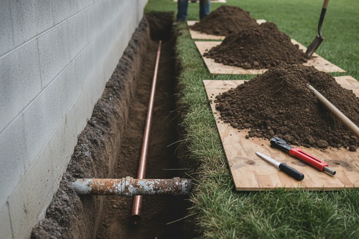 Excavated water line trench during Water Heater Repair in Levittown